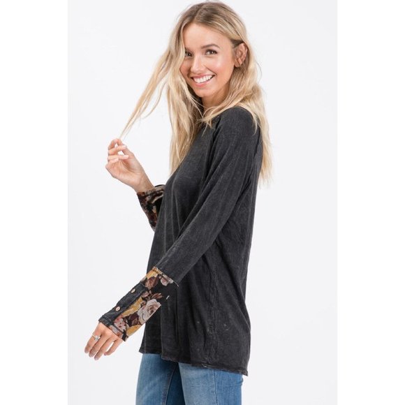 Mineral Wash Long-Sleeve With Floral & Button Detail on Sleeve - Picture 9 of 9